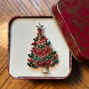Elegant Holiday Tree Brooch in Red and Green